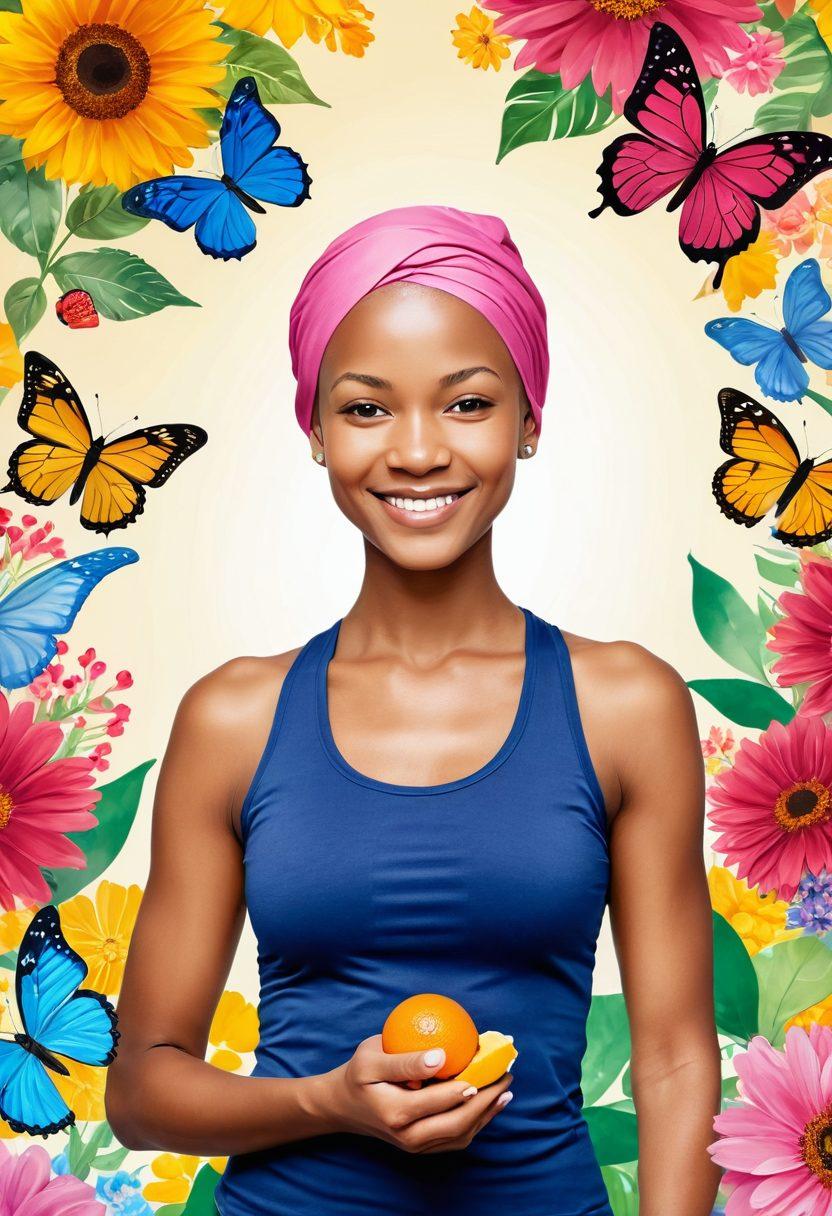 A close-up of a strong and determined cancer survivor with a radiant smile, surrounded by uplifting symbols of hope like butterflies and blooming flowers. Incorporate elements of healthy living such as fruits and a yoga mat in the background, illustrating a journey of empowerment and resilience. The color palette should be warm and inviting, radiating positivity and strength. vibrant colors. super-realistic. soft-focus.
