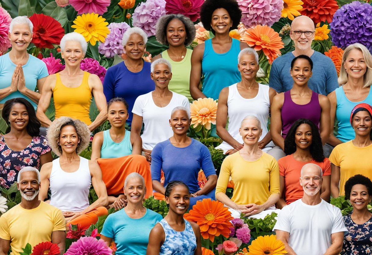 A collage of diverse cancer survivors, each embodying strength and resilience, set against a backdrop of blooming flowers symbolizing growth and hope. Include elements of wellness practices like yoga, meditation, and nutrition. The scene should radiate positivity and inspiration, showcasing the journey from struggle to victory. vivid colors, inspirational style, soft focus.